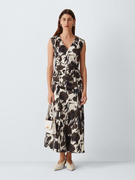 John Lewis Sleeveless V-Neck Floral Print Midi Dress, Mono Print, Mono Print