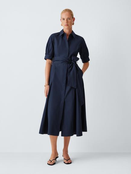 John Lewis Cotton Tie Waist Short Sleeve Midi Shirt Dress, Navy, Navy