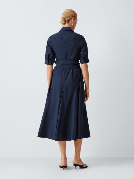 John Lewis Cotton Tie Waist Short Sleeve Midi Shirt Dress, Navy - view 2, Navy