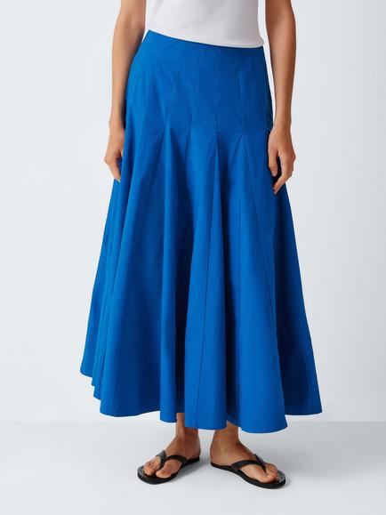 John Lewis Godet Pleated Cotton Full Midi Skirt, Blue, Blue