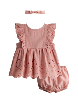 JoJo Maman Bébé Baby 3-Piece Broderie Ruffle Sleeve Dress Set, Mid Pink, Mid Pink
