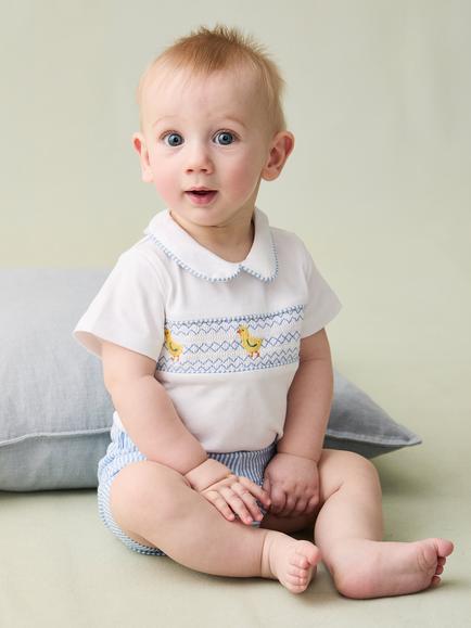 JoJo Maman Bébé Baby Chick Embroidered Bodysuit & Shorts Set, Light Blue - view 2, Light Blue