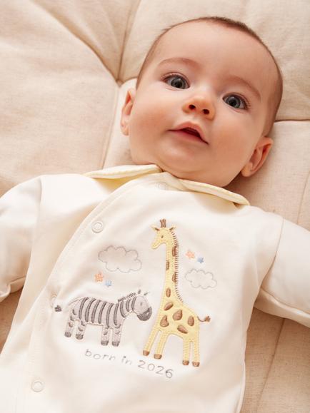 JoJo Maman Bébé Baby Born In 2026 Safari Sleepsuit, Cream - view 2, Cream