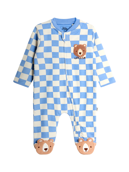 JoJo Maman Bébé Baby Applique Bear Checked Sleepsuit, Blue, Blue