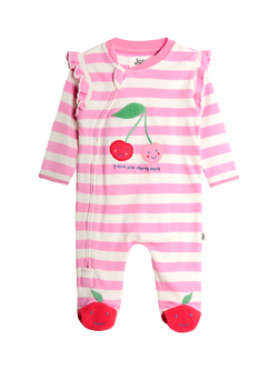 JoJo Maman Bébé Baby Cherry Appliqué Zip Footed Sleepsuit, Pink, Pink