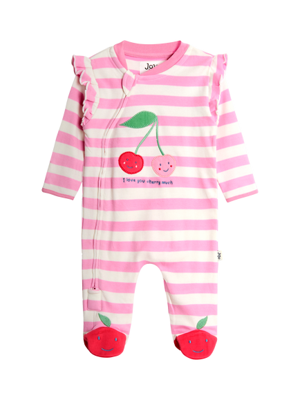 JoJo Maman Bébé Baby Cherry Appliqué Zip Footed Sleepsuit, Pink, Pink