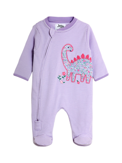 JoJo Maman Bébé Baby Dino Stripe Appliqué Zip Footed Sleepsuit, Purple, Purple