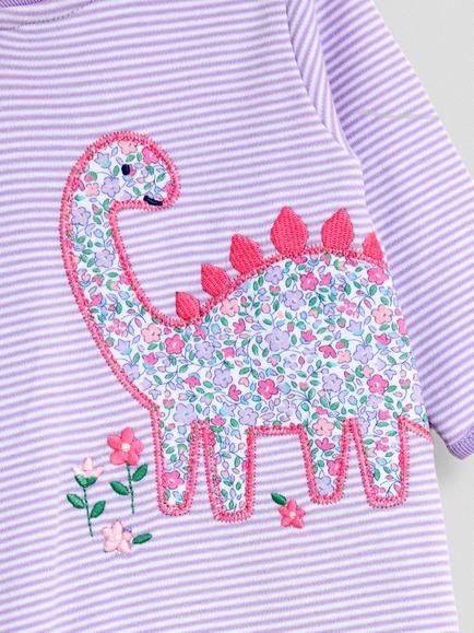 JoJo Maman Bébé Baby Dino Stripe Appliqué Zip Footed Sleepsuit, Purple - view 2, Purple