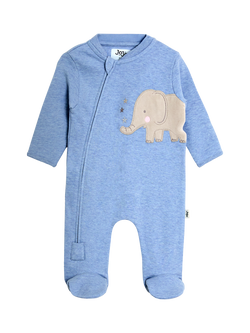 JoJo Maman Bébé Baby Elephant Appliqué Zip Footed Sleepsuit, Blue, Blue