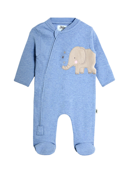 JoJo Maman Bébé Baby Elephant Appliqué Zip Footed Sleepsuit, Blue, Blue