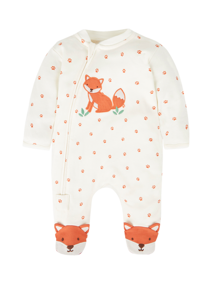 JoJo Maman Bébé Baby Fox Appliqué Zip Sleepsuit, Cream/Orange, Cream/Orange