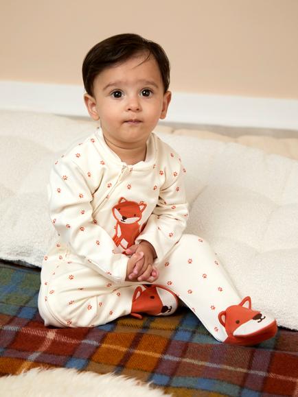 JoJo Maman Bébé Baby Fox Appliqué Zip Sleepsuit, Cream/Orange - view 2, Cream/Orange
