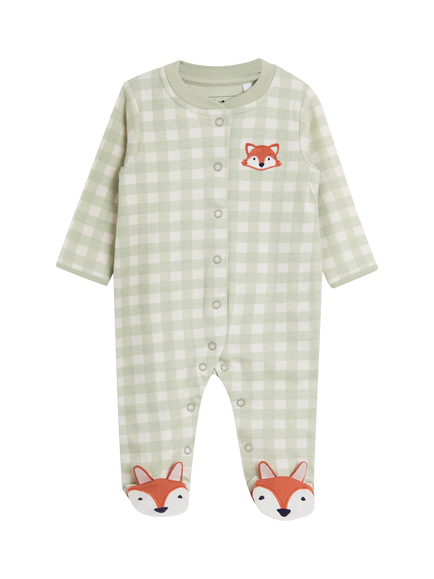 JoJo Maman Bébé Baby Fox Appliqué Zip Footed Sleepsuit, Green, Green