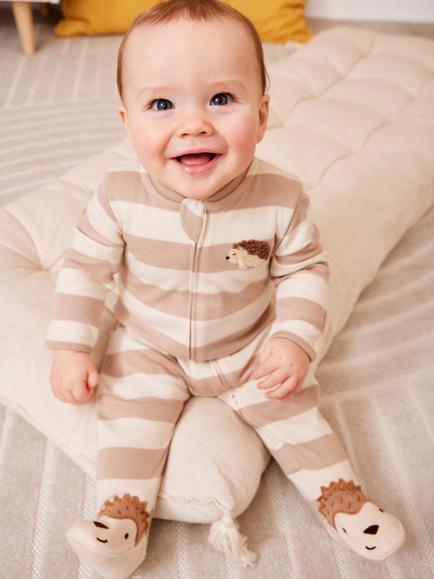 JoJo Maman Bébé Baby Hedgehog Stripe Footed Sleepsuit, Brown - view 2, Brown