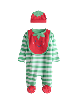 JoJo Maman Bébé Baby Tomato Appliqué Cotton Footed Zip Sleepsuit, Green, Green