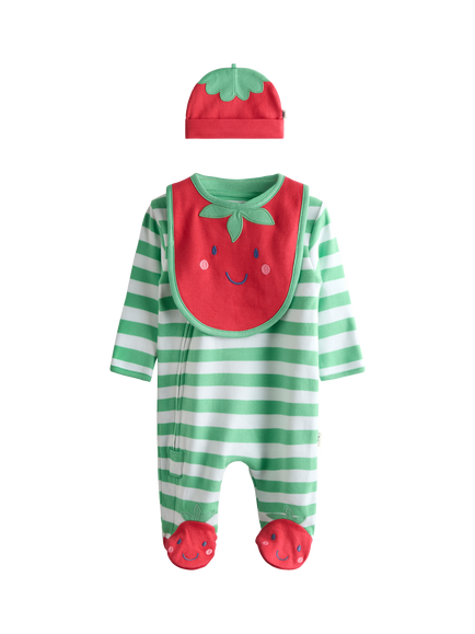 JoJo Maman Bébé Baby Tomato Appliqué Cotton Footed Zip Sleepsuit, Green, Green