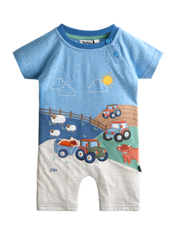JoJo Maman Bébé Baby Tractor Scene Appliqué Romper, Light Blue Marl, Light Blue Marl