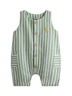 JoJo Maman Bébé Baby Giraffe Stripe Button Front Short Romper, Sage Green, Sage Green