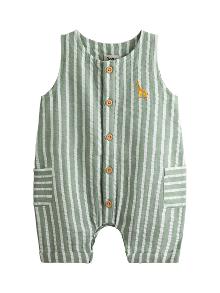 JoJo Maman Bébé Baby Giraffe Stripe Button Front Short Romper, Sage Green, Sage Green