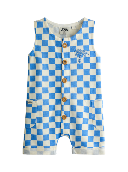 JoJo Maman Bébé Baby Checkerboard Button Through Romper, Light Blue, Light Blue