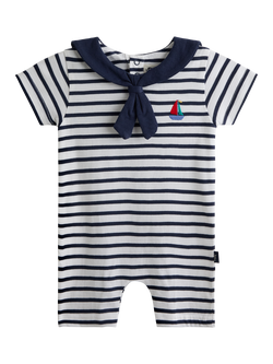 JoJo Maman Bébé Baby Sailor Collar Stripe Romper, Navy Blue Marl, Navy Blue Marl