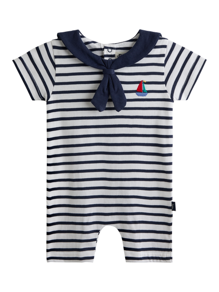 JoJo Maman Bébé Baby Sailor Collar Stripe Romper, Navy Blue Marl, Navy Blue Marl