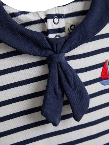 JoJo Maman Bébé Baby Sailor Collar Stripe Romper, Navy Blue Marl - view 2, Navy Blue Marl