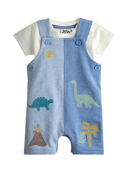 JoJo Maman Bébé Baby Dinosaur Dungarees and T-Shirt Set, Blue Marl, Blue Marl