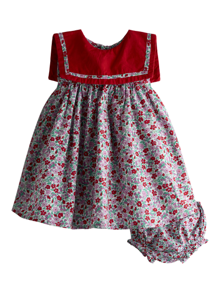 JoJo Maman Bébé Baby Ditsy Floral Sailor Dress Set, Berry Red, Berry Red