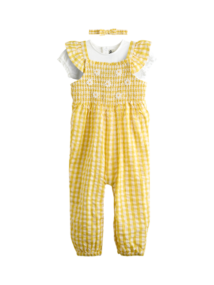 JoJo Maman Bébé Baby Smocked Dungarees,T-Shirt & Headband Set, Light Yellow, Light Yellow