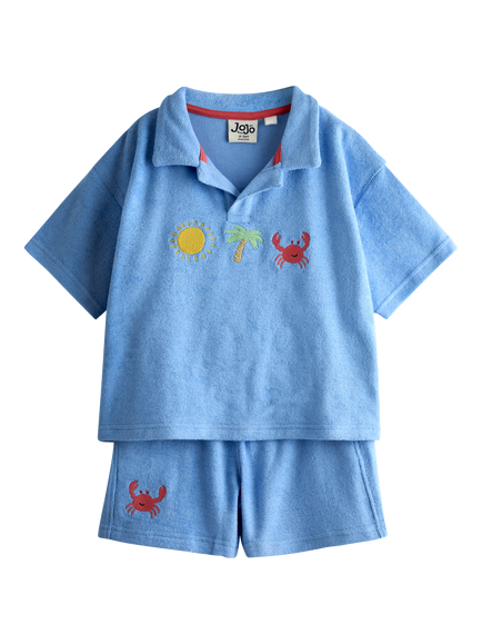 JoJo Maman Bébé Kids' Towelling Shirt and Shorts Set, Light Blue, Light Blue