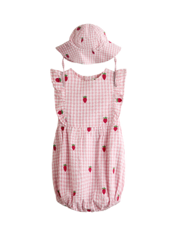 JoJo Maman Bébé Baby Gingham Strawberry Embroidered Romper Set, Light Pink, Light Pink