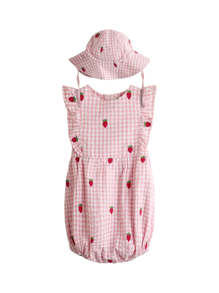 JoJo Maman Bébé Baby Gingham Strawberry Embroidered Romper Set, Light Pink, Light Pink