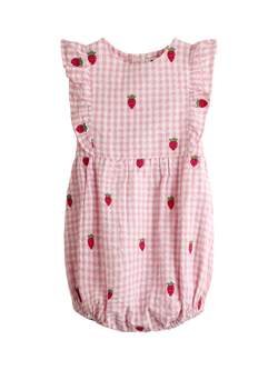 JoJo Maman Bébé Baby Gingham Strawberry Embroidered Romper Set, Light Pink - view 2, Light Pink