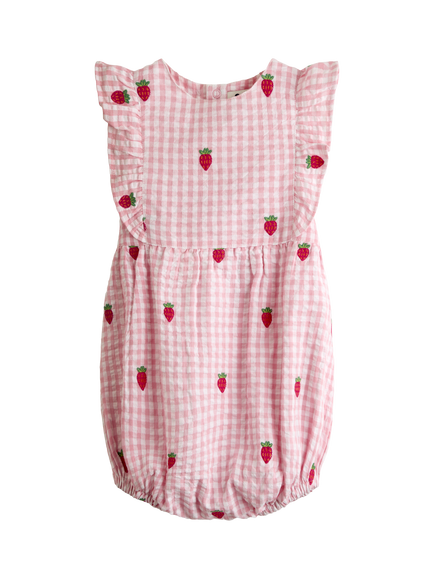 JoJo Maman Bébé Baby Gingham Strawberry Embroidered Romper Set, Light Pink - view 2, Light Pink