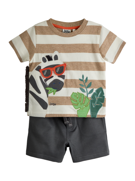 JoJo Maman Bébé Baby Zebra Applique T-Shirt & Shorts Set, Charcoal Grey, Charcoal Grey