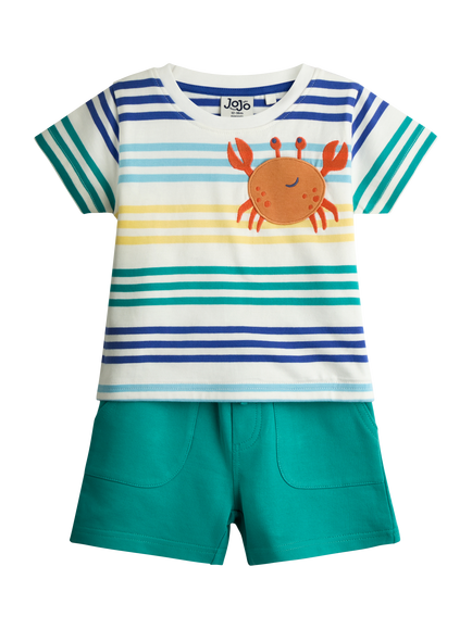 JoJo Maman Bébé Baby Crab Pocket T-Shirt & Shorts Set, Teal Green, Teal Green