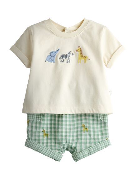 JoJo Maman Bébé Baby Safari Animals Gingham Top & Shorts Set, Cream/Green, Cream/Green