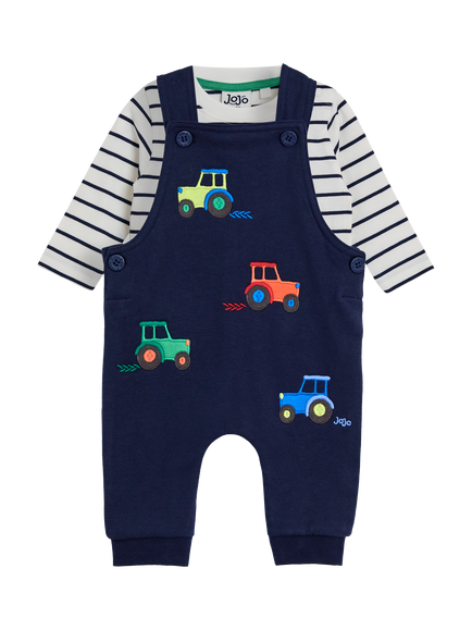 JoJo Maman Bébé Baby Appliqué Dungarees and Stripe Top Set, Navy, Navy