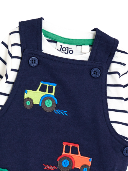 JoJo Maman Bébé Baby Appliqué Dungarees and Stripe Top Set, Navy - view 2, Navy