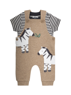 JoJo Maman Bébé Baby Appliqué Dungarees and Stripe Top Set, Light Brown, Light Brown