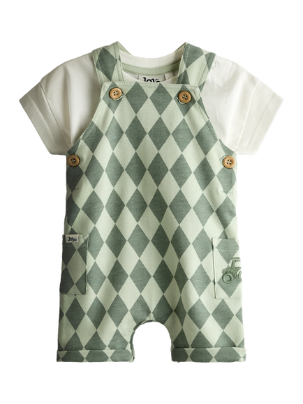 JoJo Maman Bébé Baby Harlequin Dungarees and T-Shirt Set, Mid Green, Mid Green