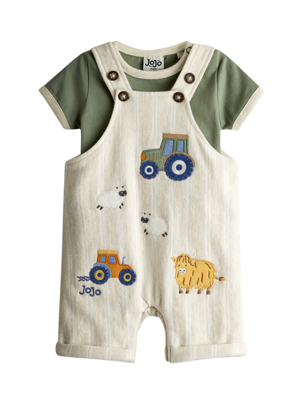 JoJo Maman Bébé Baby Tractor Appliqué Dungarees and T-Shirt Set, Oatmeal, Oatmeal Marl