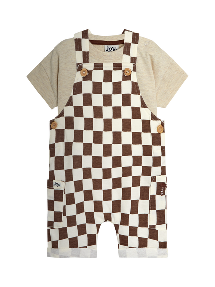 JoJo Maman Bébé Baby Checkerboard Dungarees & T-Shirt Set, Stone, Stone