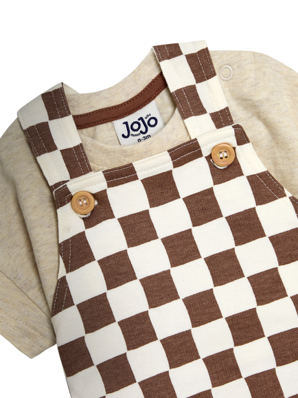 JoJo Maman Bébé Baby Checkerboard Dungarees & T-Shirt Set, Stone - view 2, Stone