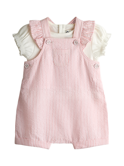 JoJo Maman Bébé Baby Seersucker Stripe Dungarees & T-Shirt Set, Light Pink, Light Pink