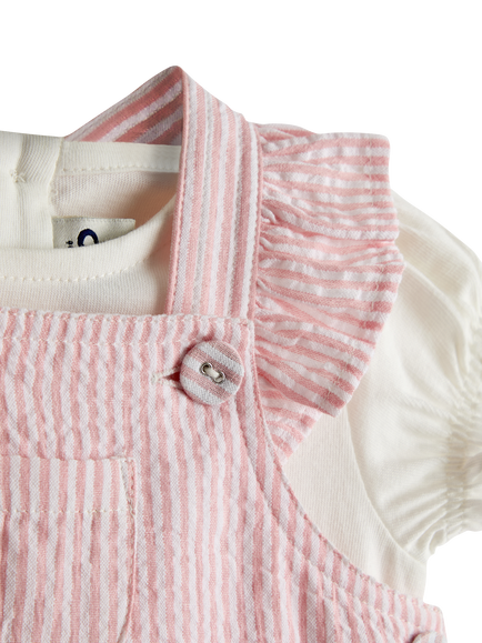 JoJo Maman Bébé Baby Seersucker Stripe Dungarees & T-Shirt Set, Light Pink - view 2, Light Pink