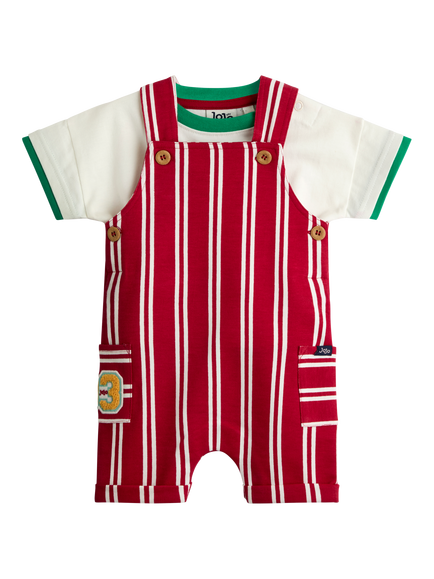 JoJo Maman Bébé Baby Stripe Dungarees and T-Shirt Set, Bright Red, Bright Red