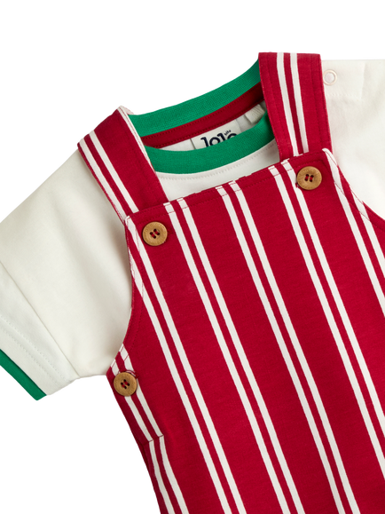 JoJo Maman Bébé Baby Stripe Dungarees and T-Shirt Set, Bright Red - view 2, Bright Red