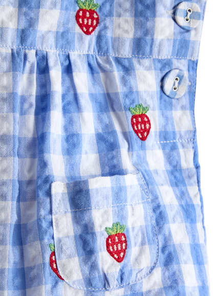 JoJo Maman Bébé Baby Strawberry Embroidered Dungarees, Mid Blue - view 2, Mid Blue